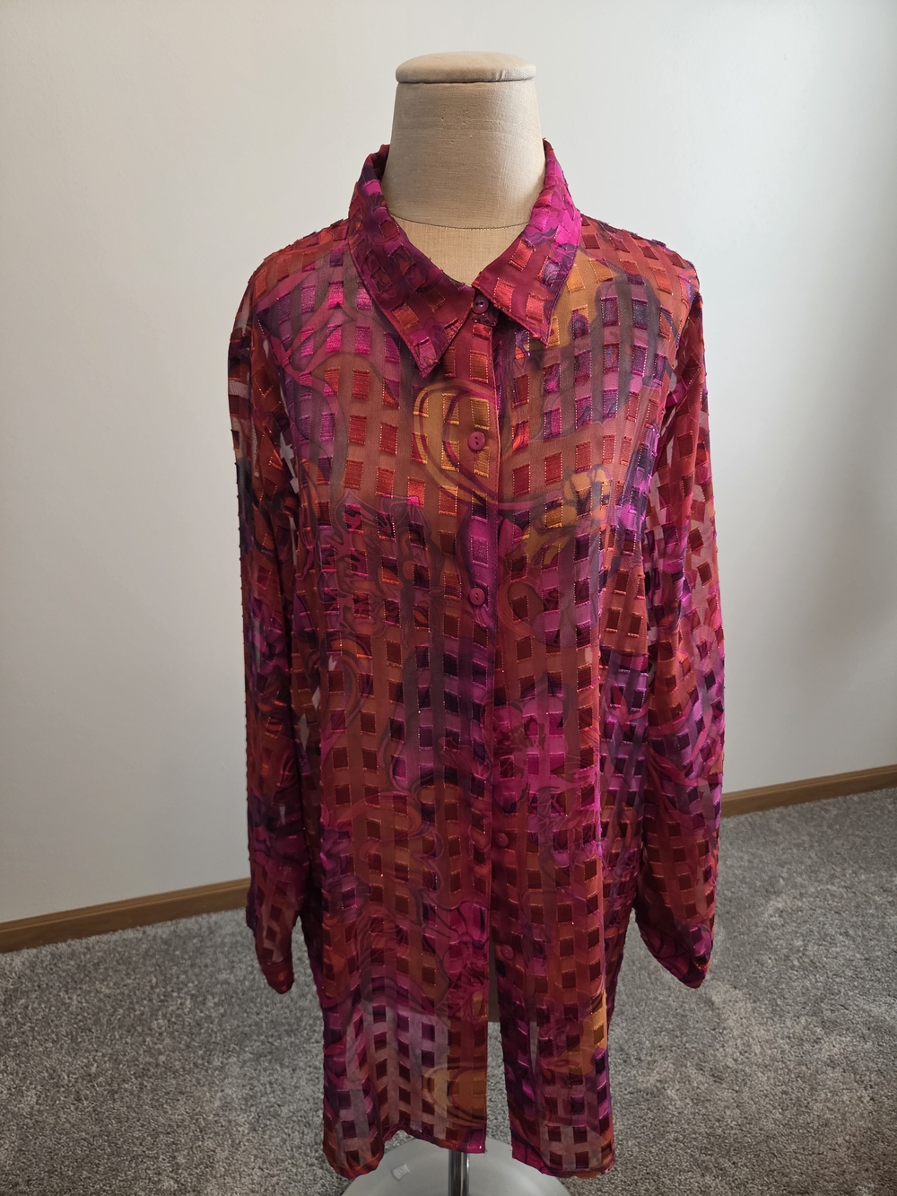 Notations Fuchsia and Orange Sheer Grid Button-Down Blouse